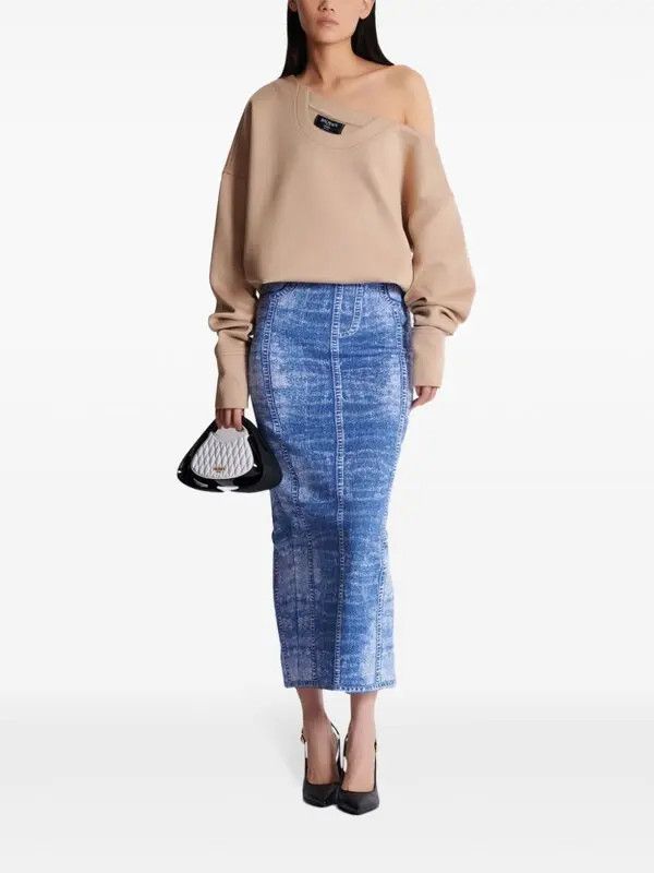 Balmain o1s1wg111225 Asymmetric Off-Shoulder Sweatshirt in Beige Size L / US 10 / IT 46 - 4 Thumbnail