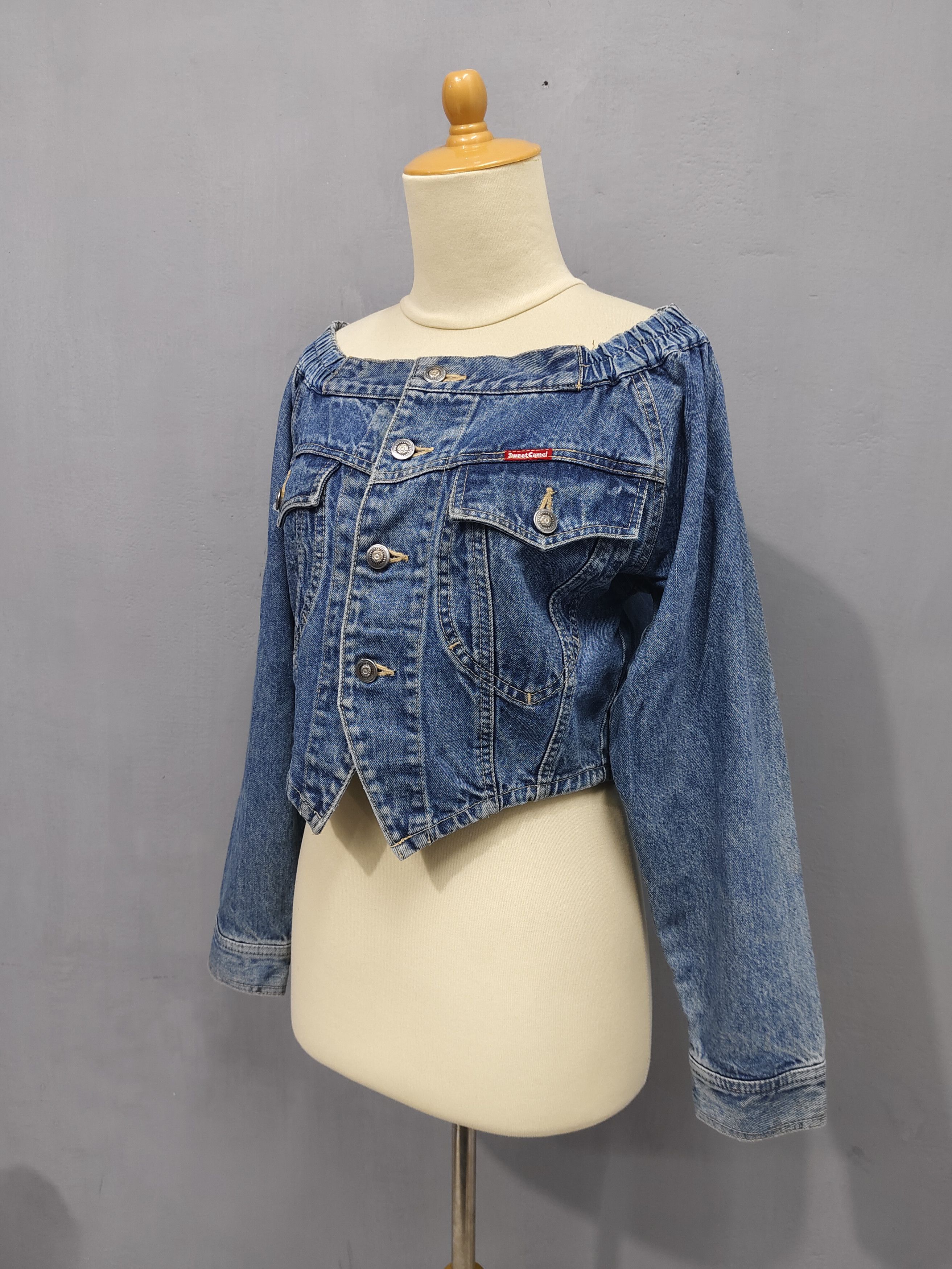 Japanese Brand 90s Sweat Camel- Off Shoulder Y2K Cropped Denim Jacket Size M / US 6-8 / IT 42-44 - 8 Thumbnail