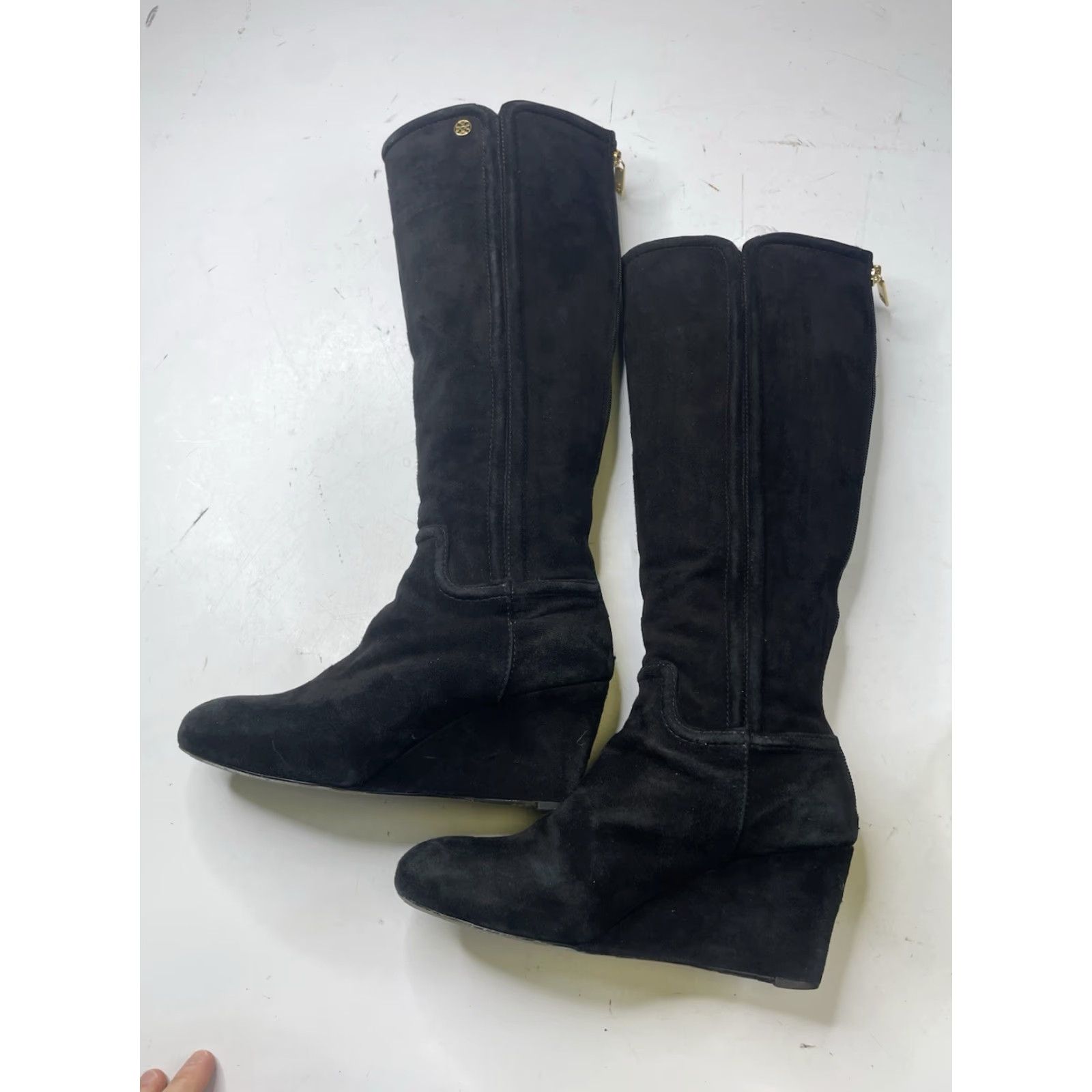 Tory Burch Tory Burch Irene Black Suede Wedge Boots Size 7.5 M Knee High Zip Logo Women Size US 8 / IT 38 - 6 Thumbnail