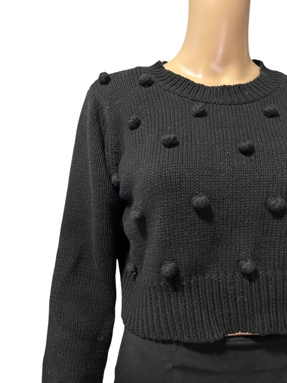 Designer Chic Black Cropped Sweater with Pom-Pom Details Size XS / US 0-2 / IT 36-38 - 2 Thumbnail