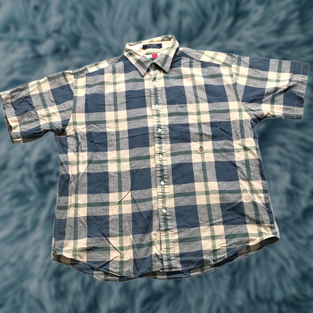 Tommy Hilfiger VINTAGE Tommy Hilfiger Button Up Shirt Mens XL Plaid Check Logo Navy Brown Gray Short Sleeve Bar None Size US XL / EU 56 / 4 - 1 Thumbnail