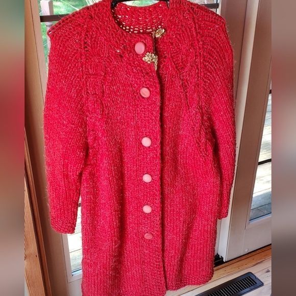 Vintage Vintage Handmade Red Cable Knit Long Sweater Sz XL Button-do Size XL / US 12-14 / IT 48-50 - 1 Thumbnail