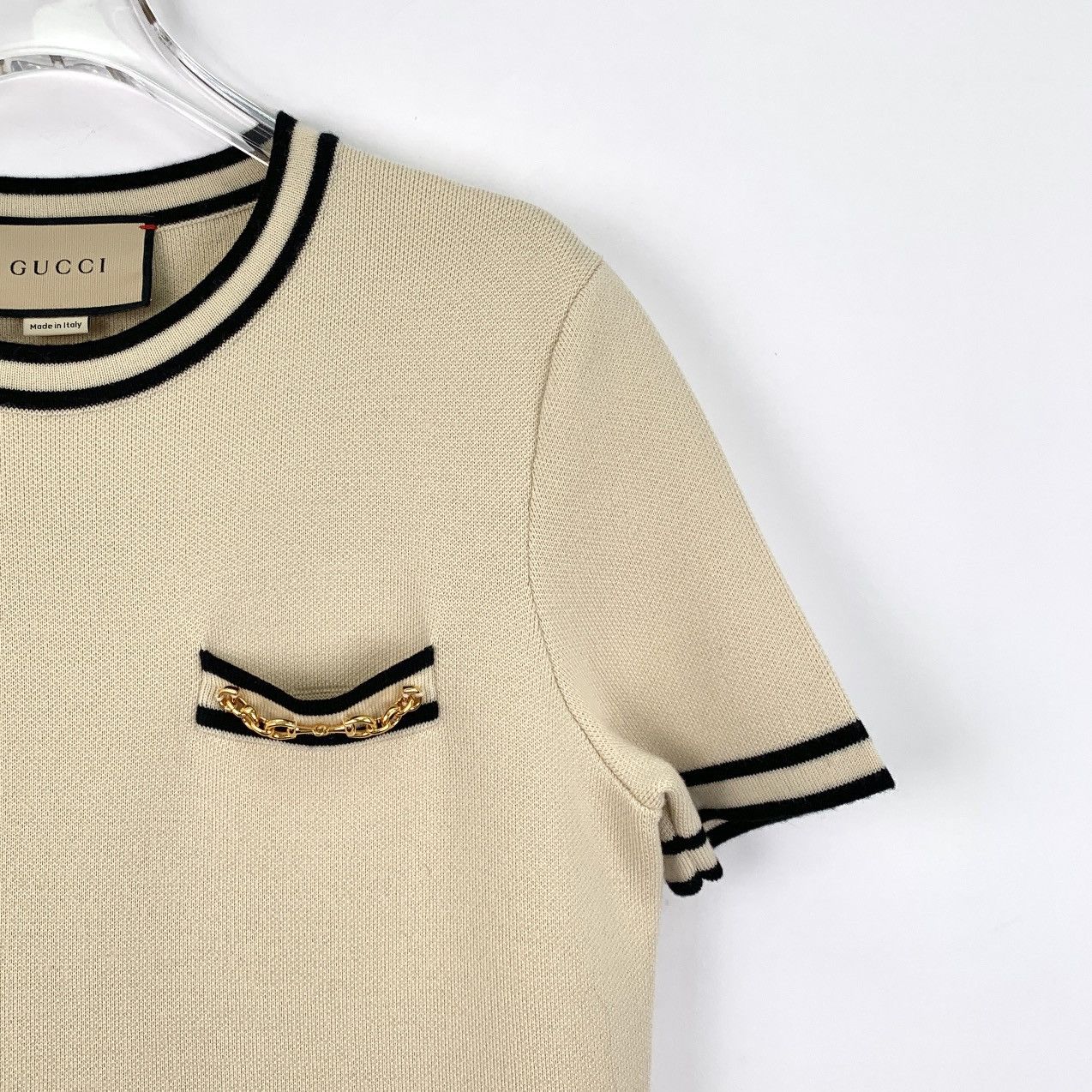 Gucci Gucci Beige Striped Chain Wool Short Sleeve Knit Dress K26WX Size M / US 6-8 / IT 42-44 - 3 Thumbnail