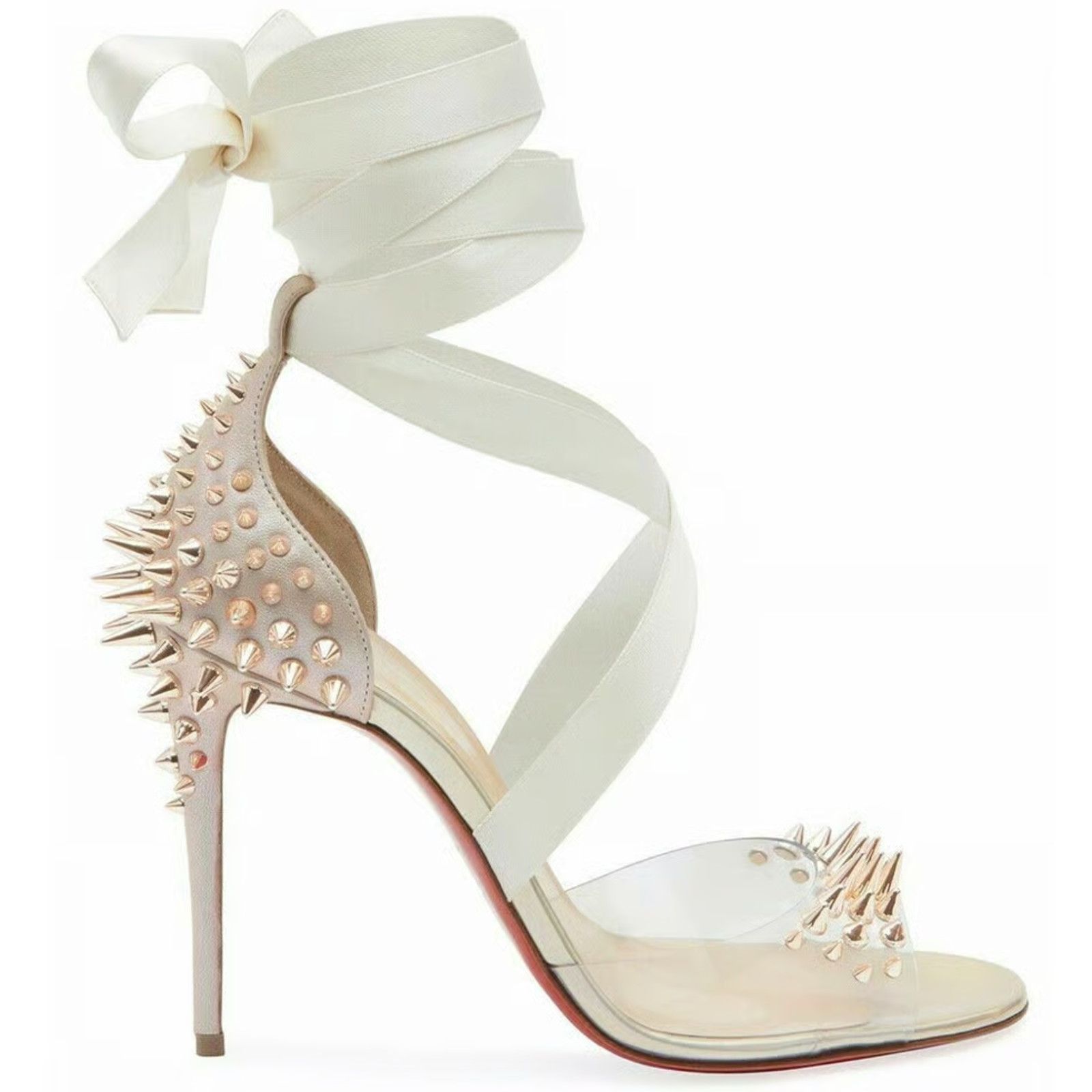 Christian Louboutin Barbarissima 100 Nude Gold PVC Lace Up Sandal Heel Pump 35.5 Size US 5.5 / IT 35.5 - 5 Thumbnail