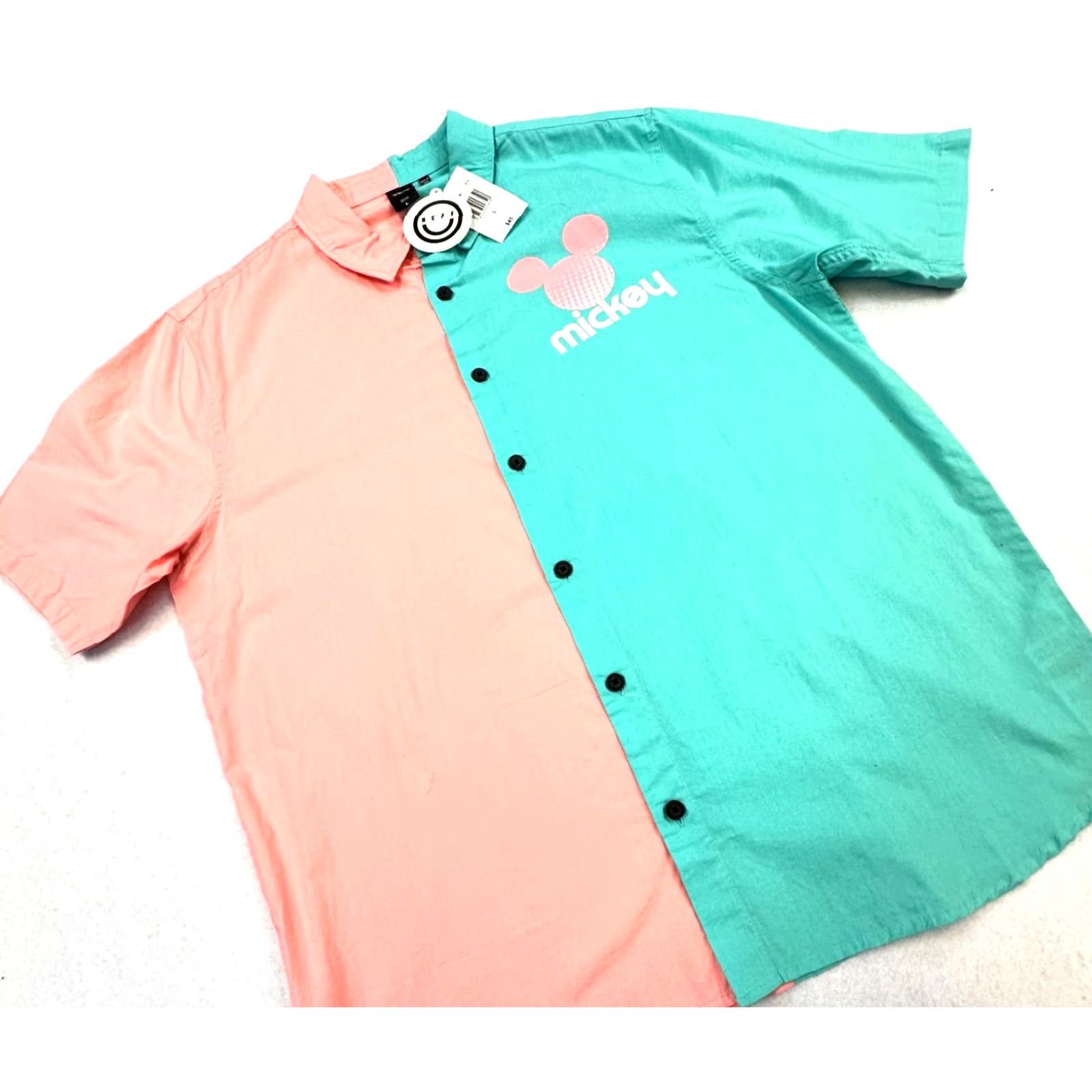 Disney Disney Neff Mickey Button-Down Short Sleeve Colorblock Shirt Mens L Pink Teal Aqua Multicolor 90s Theme Usa Cartoon Casual Hawaii Size US 33 - 2 Thumbnail