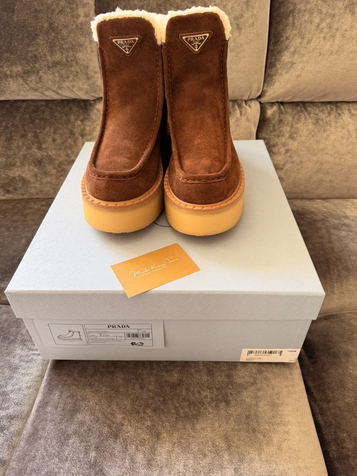 Prada BNWT $1450 Prada Brown Suede Leather Lambskin Fur Boots Size US 8 / IT 38 - 3 Thumbnail
