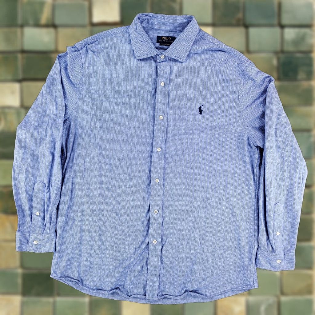 Polo Ralph Lauren Polo Ralph Lauren Knit Button-Up Dress Shirt Herringbone Blue Mens XXL Long Sleeve Shirt Size 48R - 1 Thumbnail
