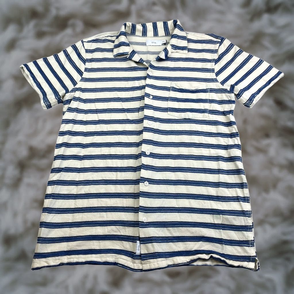 Onia Onia Men’s Button Camp Shirt Ivory/Blue Stripe S/S Cotton/Viscose Medium Regular Size US M / EU 48-50 / 2 - 1 Thumbnail