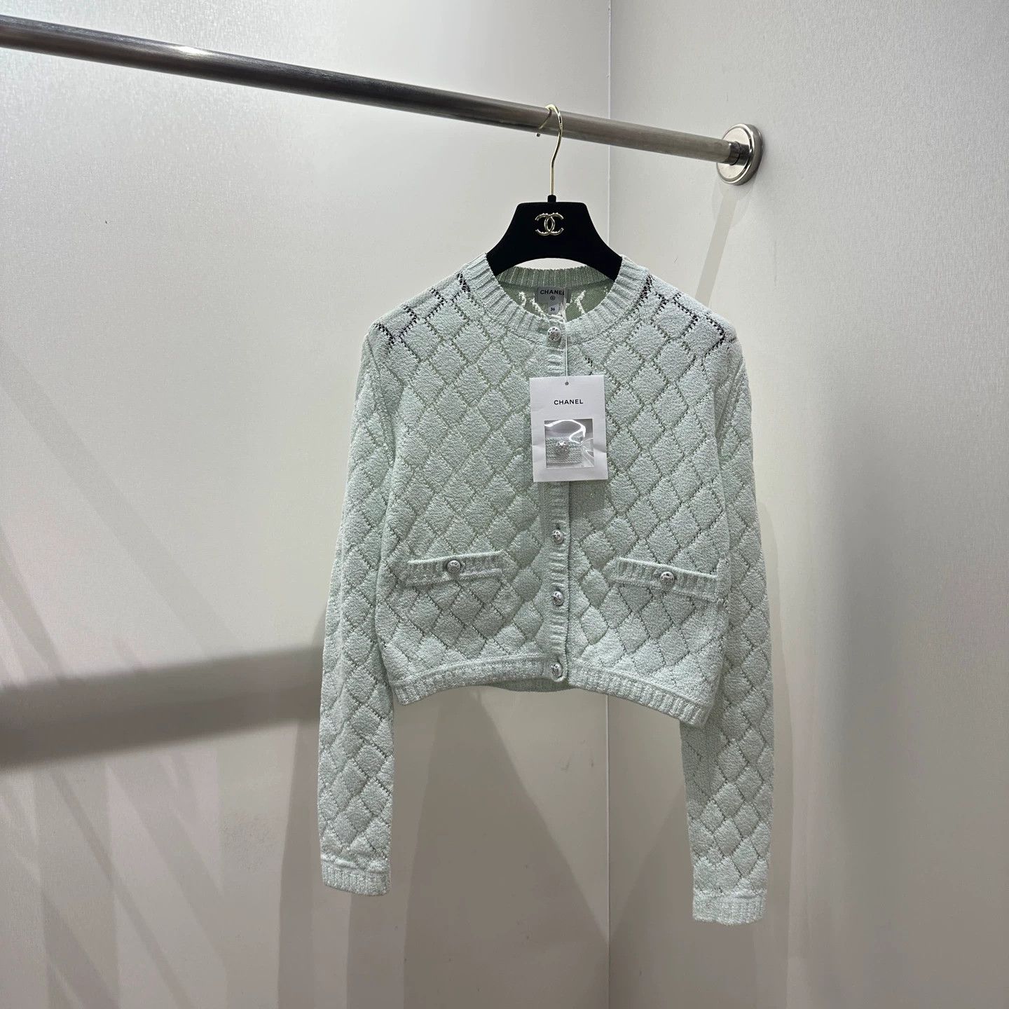 Chanel Chanel apr113 Mint Green Quilted CrysBtn Knit Cardi Size XS / US 0-2 / IT 36-38 - 1 Thumbnail
