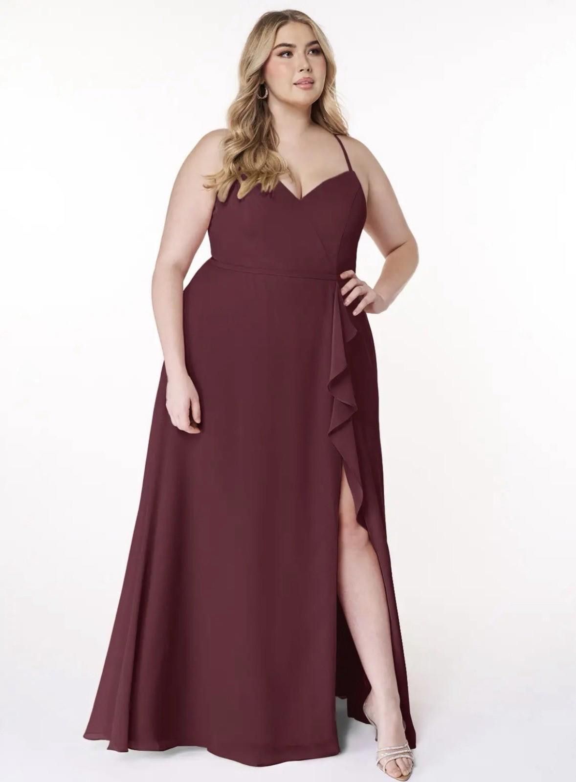 Other Azazie Burgundy Cabernet A-Line V-neck Ruffle Chiffon A16 Size XXL / US 16-18 / IT 52-54 - 3 Thumbnail