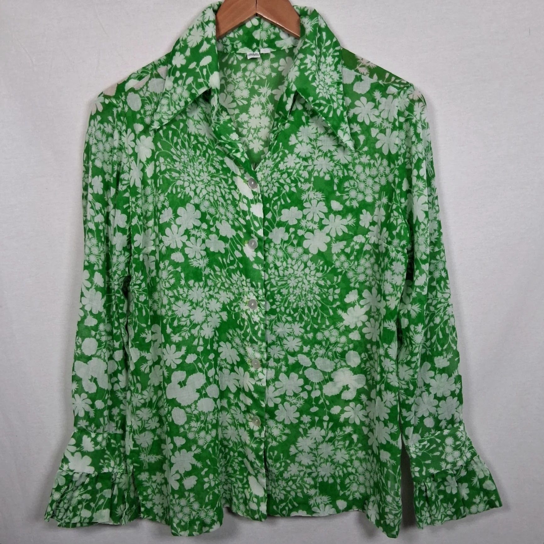 Vintage VINTAGE Midge Grant Outfit Skirt Shirt 14 Green Floral 1960s 60s Set, 2 Piece, Button, Collared, Long Sleeve, Cotton Blend, Vintage Womens Size XL / US 12-14 / IT 48-50 - 5 Thumbnail