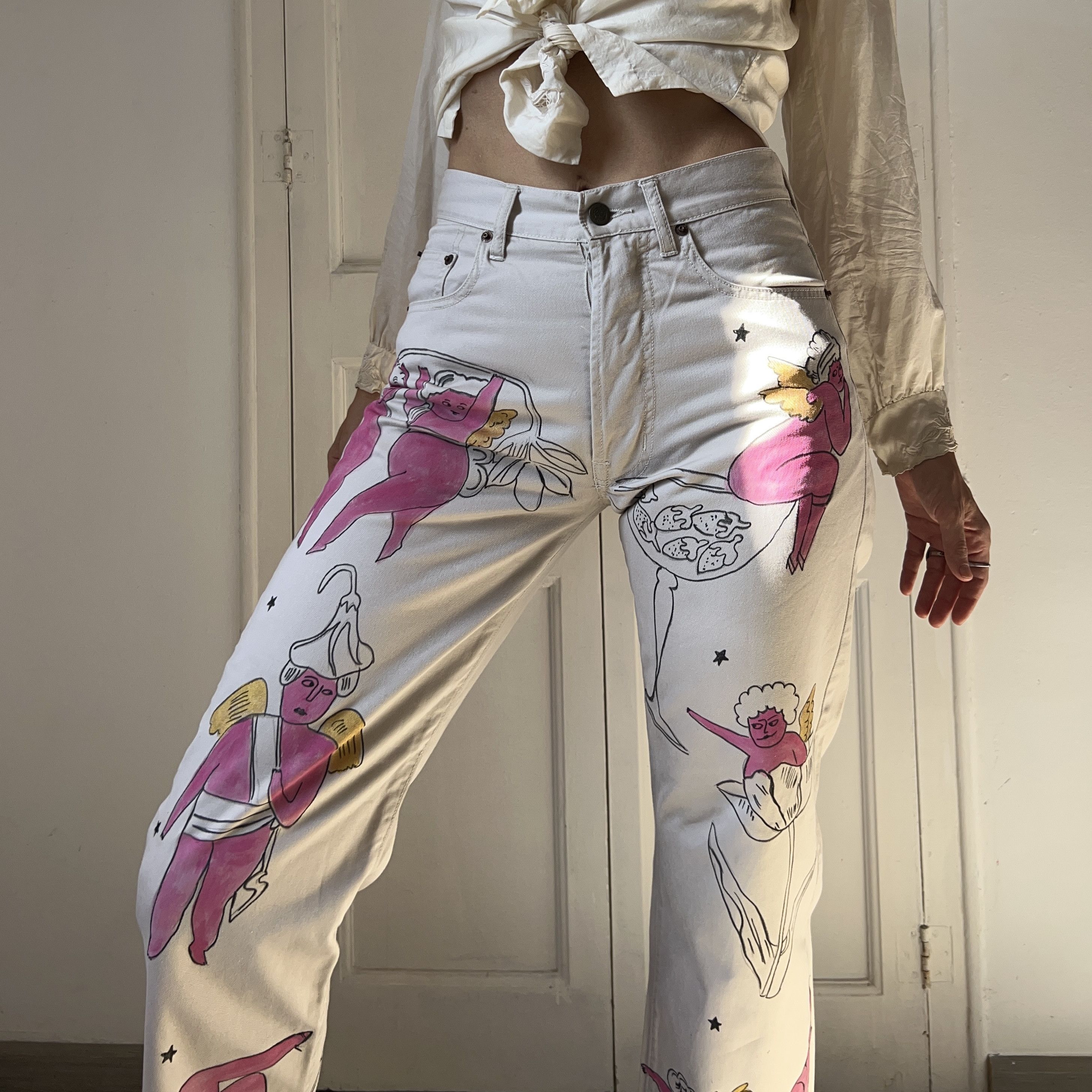 Custommade Hand-Painted Angels Cotton Trousers Size 30" / US 8 / IT 44 - 5 Thumbnail
