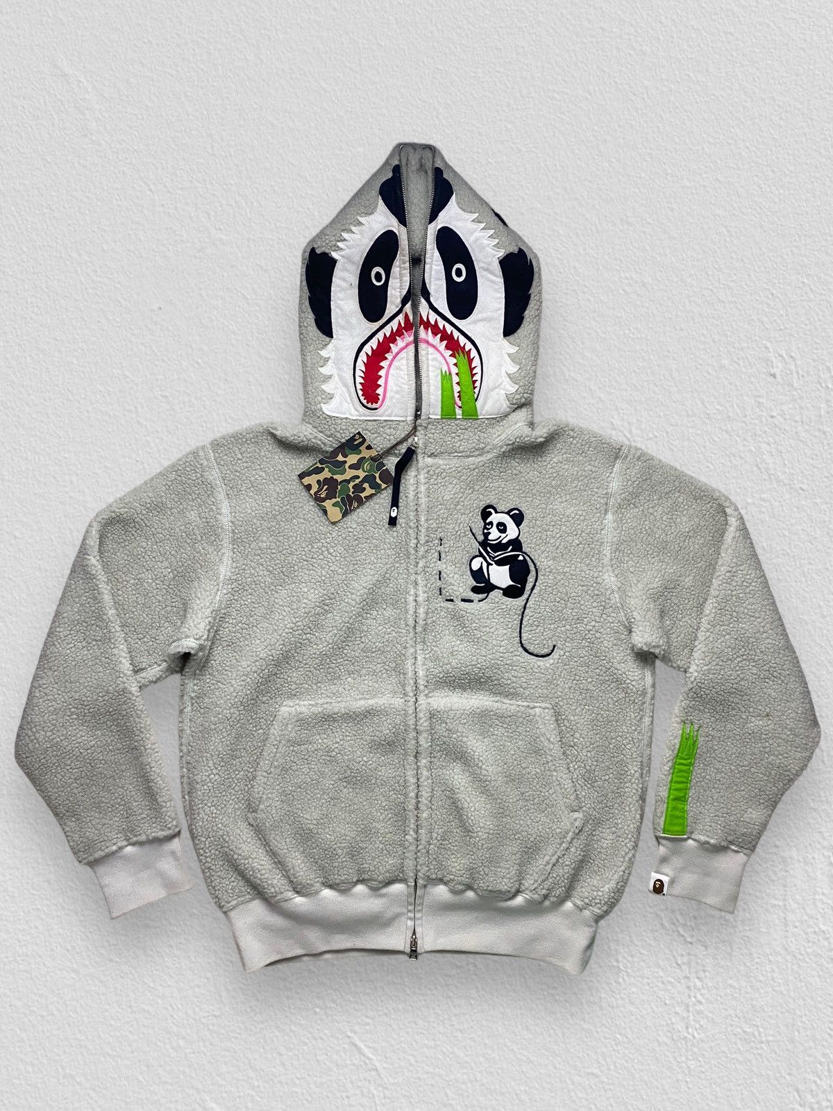 image of Bape Sherpa Fleece Panda Hoodie in Light Gray, Men's (Size Medium)