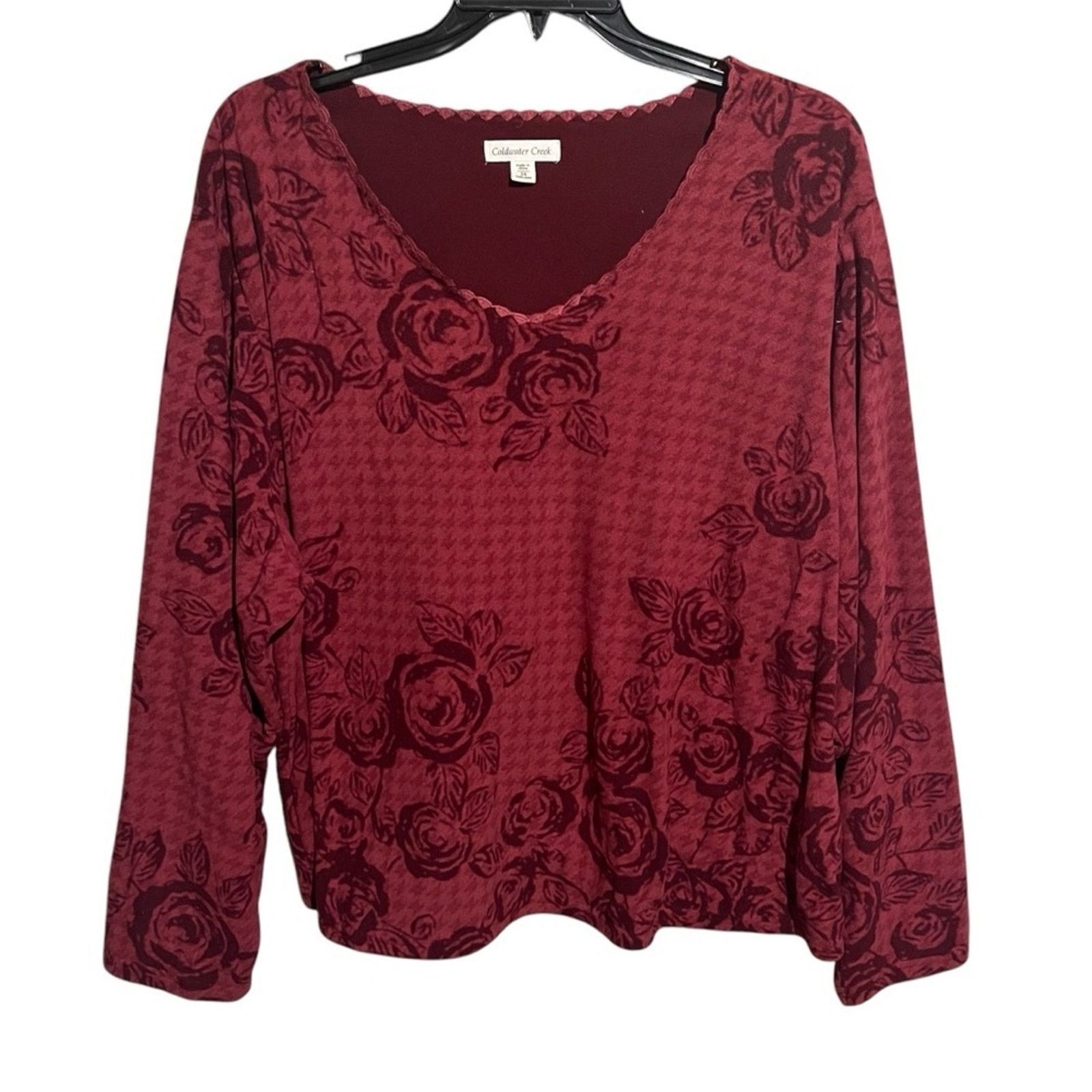 Coldwater Creek Coldwater Creek Top 3X Maroon Floral Velvet Fleece Lined Size 3XL / US 20-22 - 1 Thumbnail