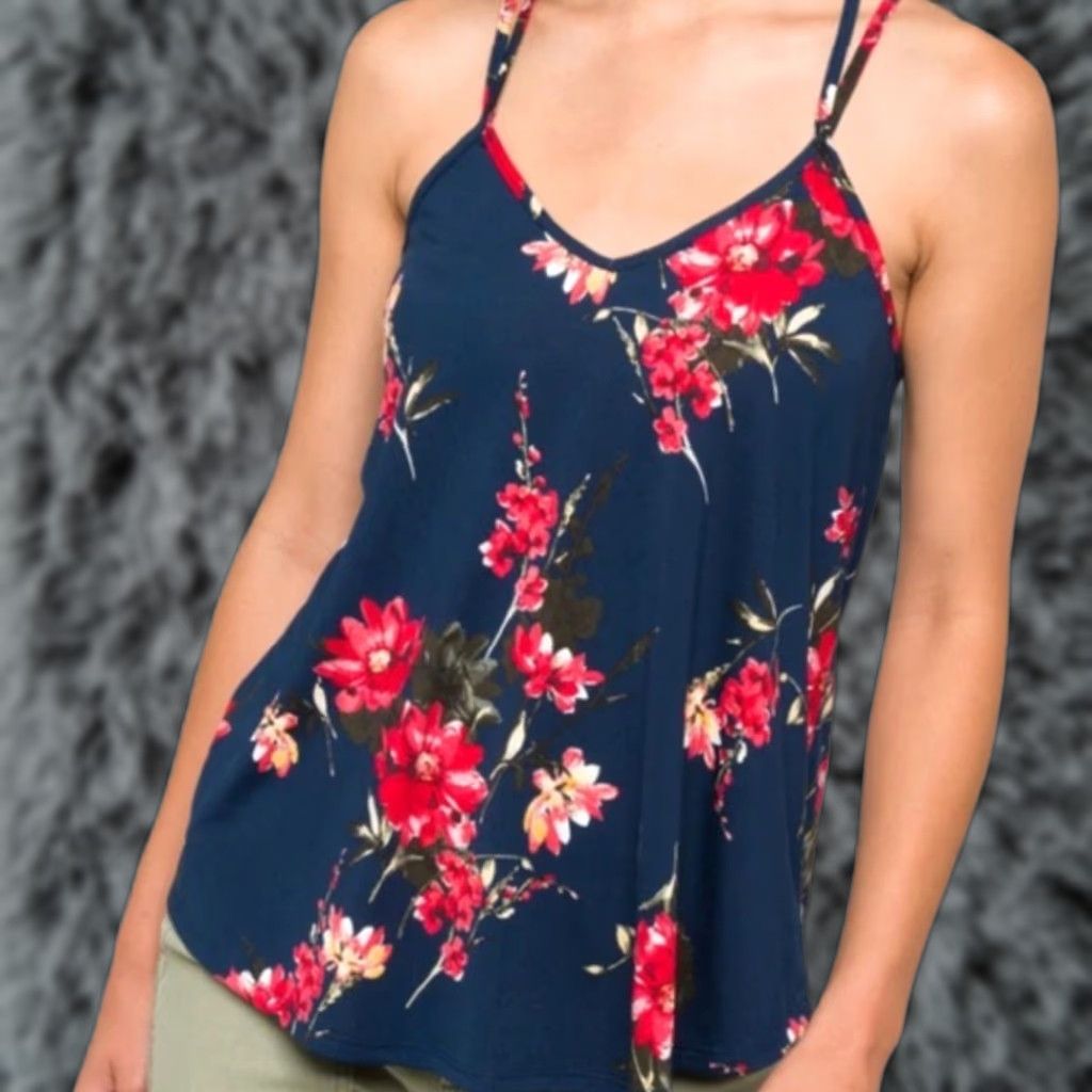 Vintage Papermoon Blouse Sleeveless Spaghetti Straps Navy Floral 1X Womens V-Neck Pullover Casual Party/Cocktail Travel Lightweight Polyester Spandex Rayon Size XL / US 12-14 / IT 48-50 - 1 Thumbnail