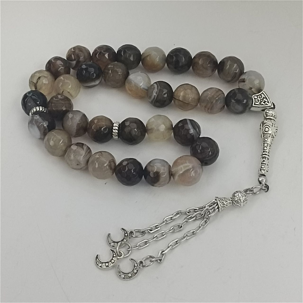 33 agate stone prayer beads silver crescent charms tassel