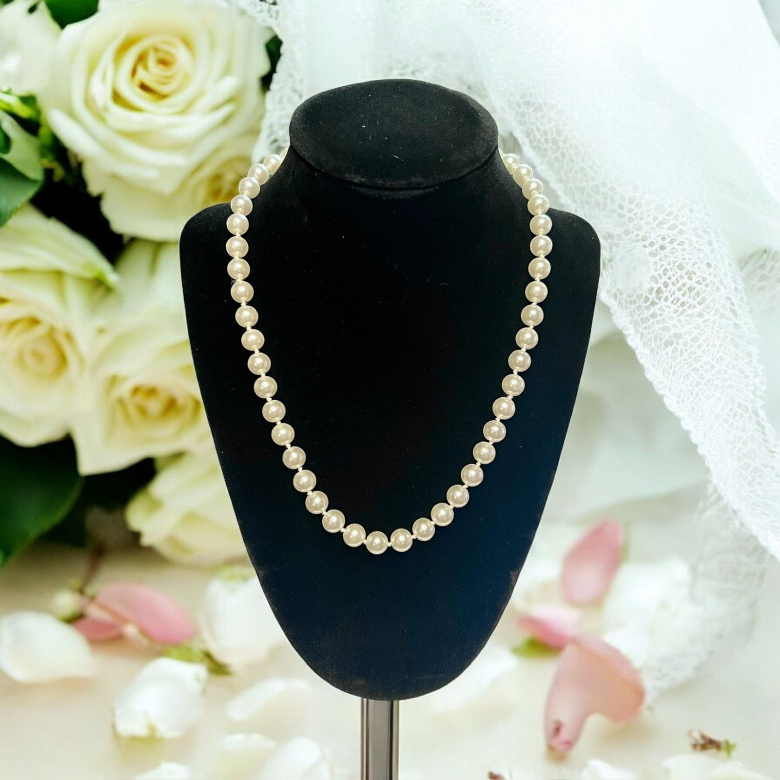 Other Vintage Faux Pearl Necklace-18''-Knotted-8mm Beads-Filigree Size ONE SIZE - 2 Thumbnail