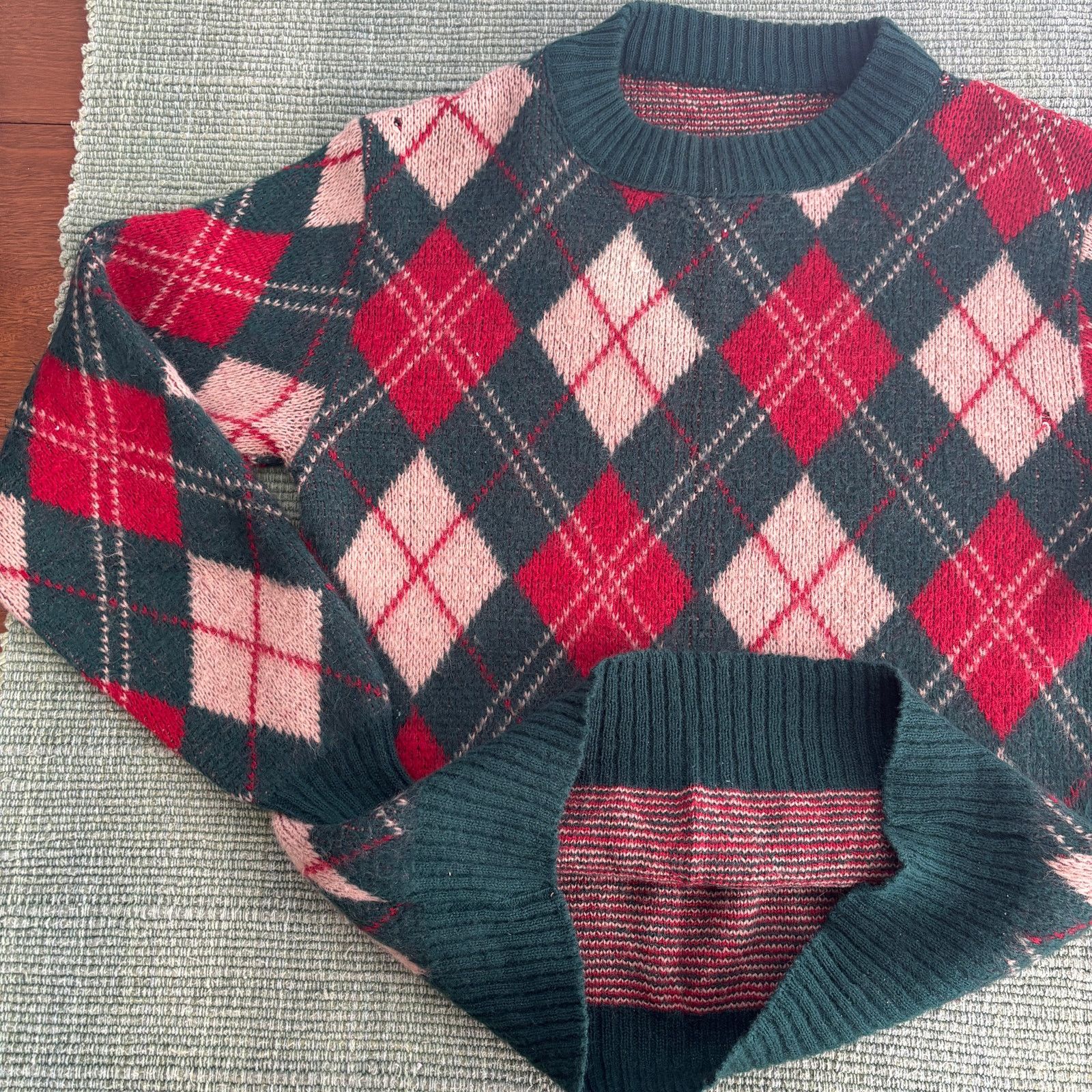 Vintage Vintage fuzzy argyle green and red sweater size mens large Size US L / EU 52-54 / 3 - 6 Thumbnail
