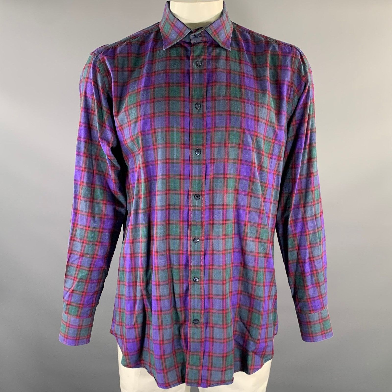 Etro ETRO XL Purple Red Green Plaid Pointed Collar LS Shirt Size US XL / EU 56 / 4 - 1 Thumbnail