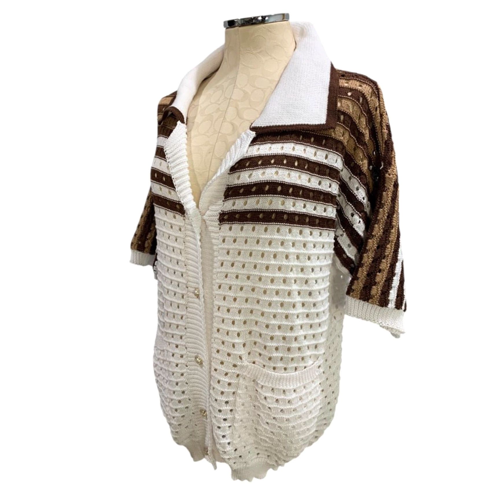 Vintage VINTAGE XL Womens Cardigan Short Sleeve Loose Knit Collared White 100% Polyester Mens? (No) Size XL / US 12-14 / IT 48-50 - 3 Thumbnail
