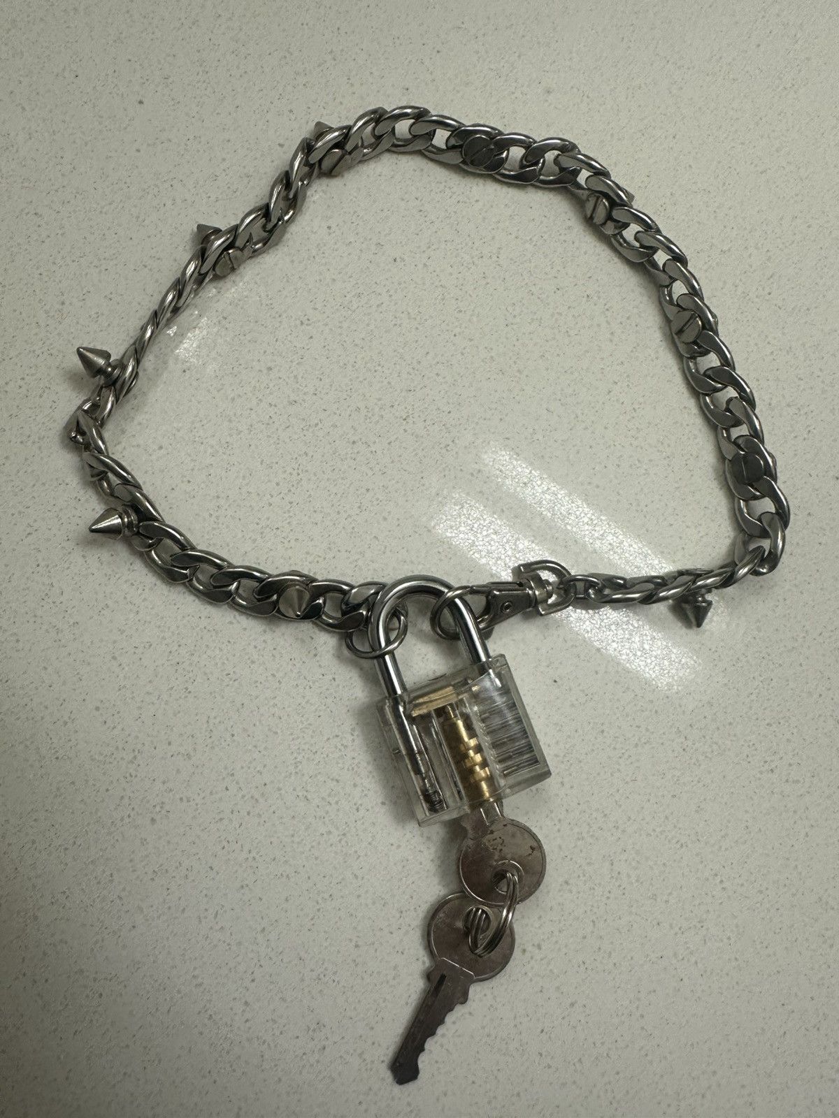Vintage Silver Stainless Steel Spiked Stud Necklace Choker Lock Key Size ONE SIZE - 1 Thumbnail