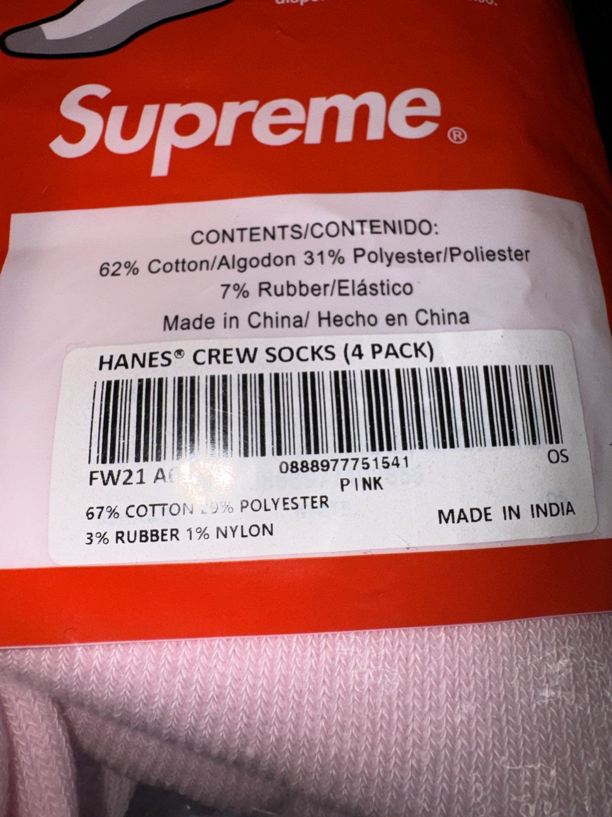 Hanes × Supreme Supreme Hanes crew socks (1 pair) Pink Size ONE SIZE - 3 Thumbnail
