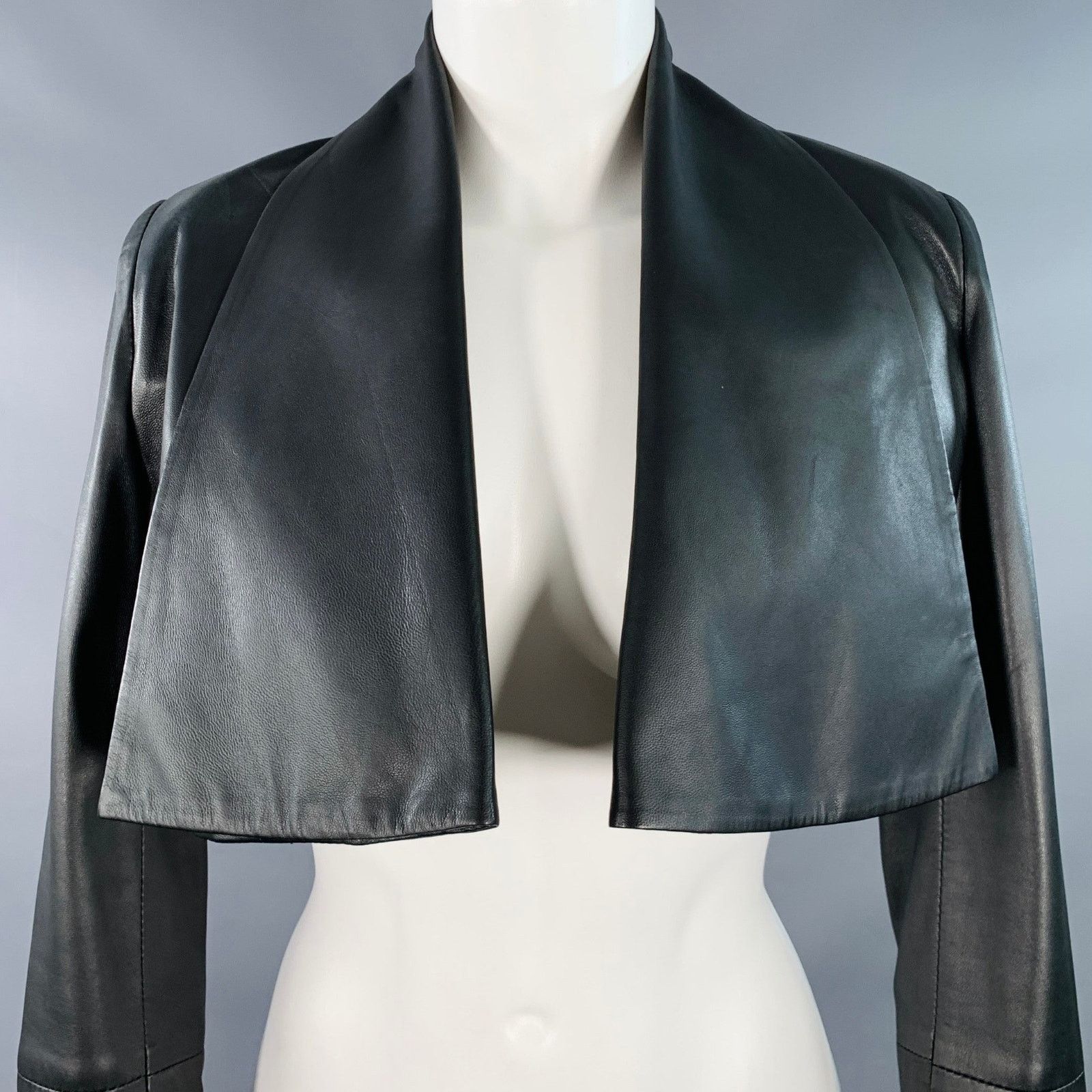 Other Black Leather Cropped Large Lapel Open Front Jacket Blazer Size XS / US 0-2 / IT 36-38 - 2 Thumbnail