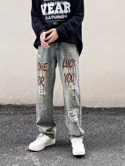 Jean Vintage washed distressed distressed printed draped jeans Size US 31 - 8 Thumbnail