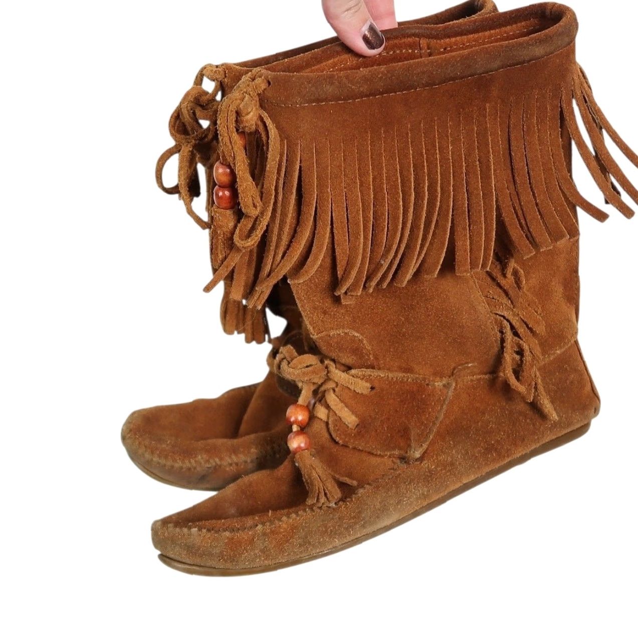 Minnetonka VINTAGE Minnetonka Suede Leather Fringe Boots Mid Calf Cognac Brown 8 Women Western Bohemian Moccasin Size US 8 / IT 38 - 3 Thumbnail