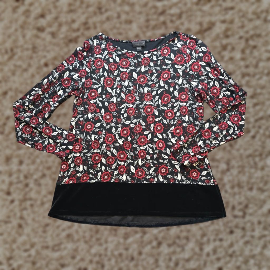 J. Jill J Jill Wearever Top Blouse Womens Small Red Floral Velour Trim Stretchy Causal Career Shirt Size S / US 4 / IT 40 - 1 Thumbnail