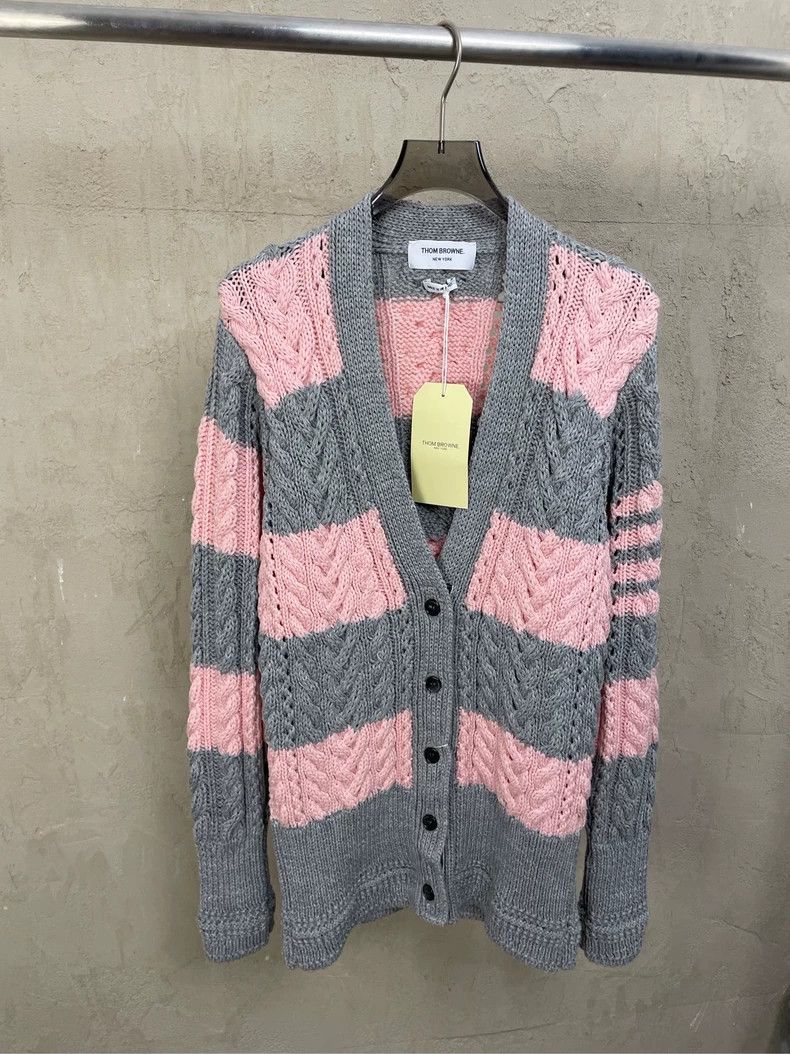 Thom browne Pink and gray color-blocked striped wool cardig