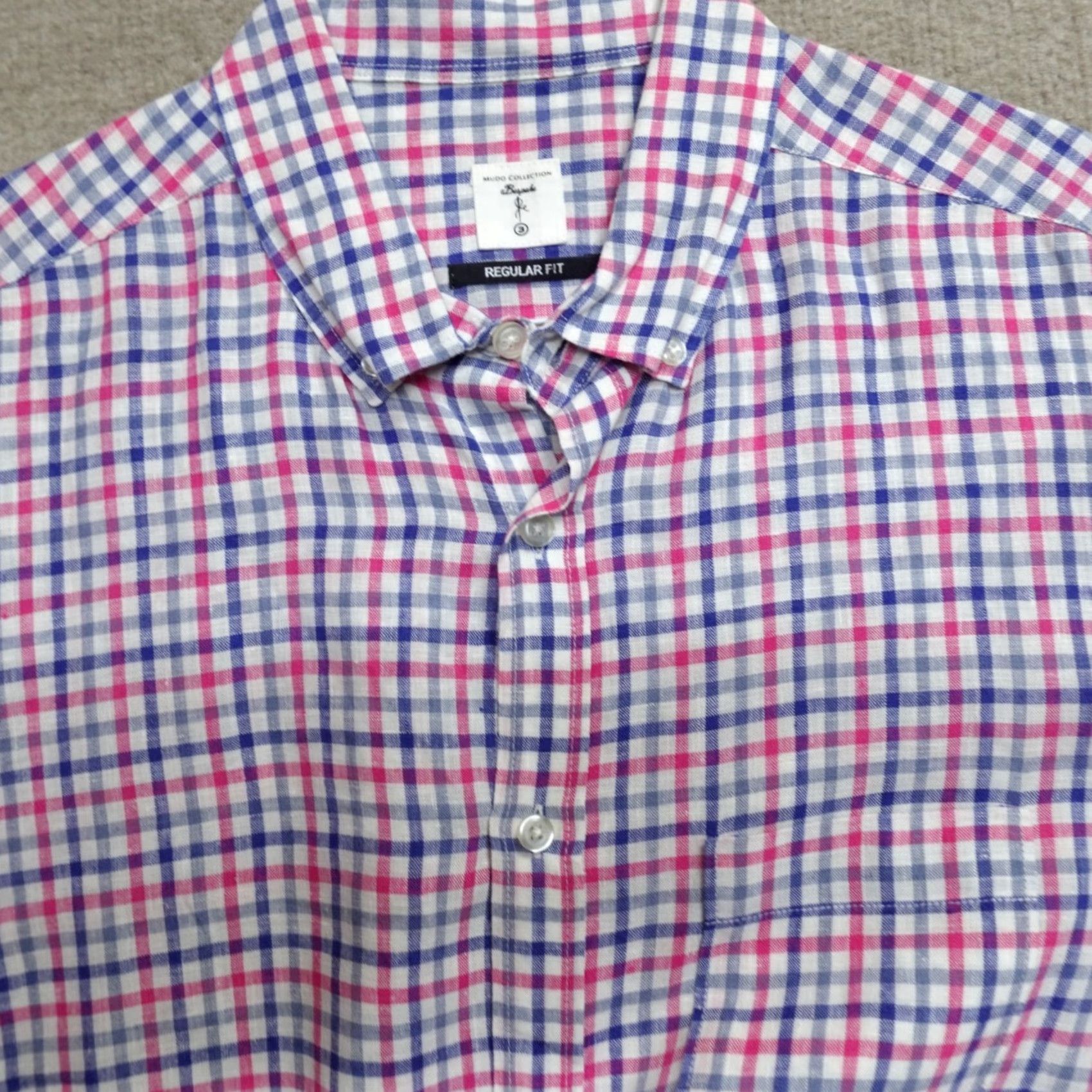 Vintage Mudo Shirt Medium Blue White Fuschia Plaid Check 100% Linen Button-Up Collar Down Long Sleeve Mens Regular Size US M / EU 48-50 / 2 - 2 Thumbnail