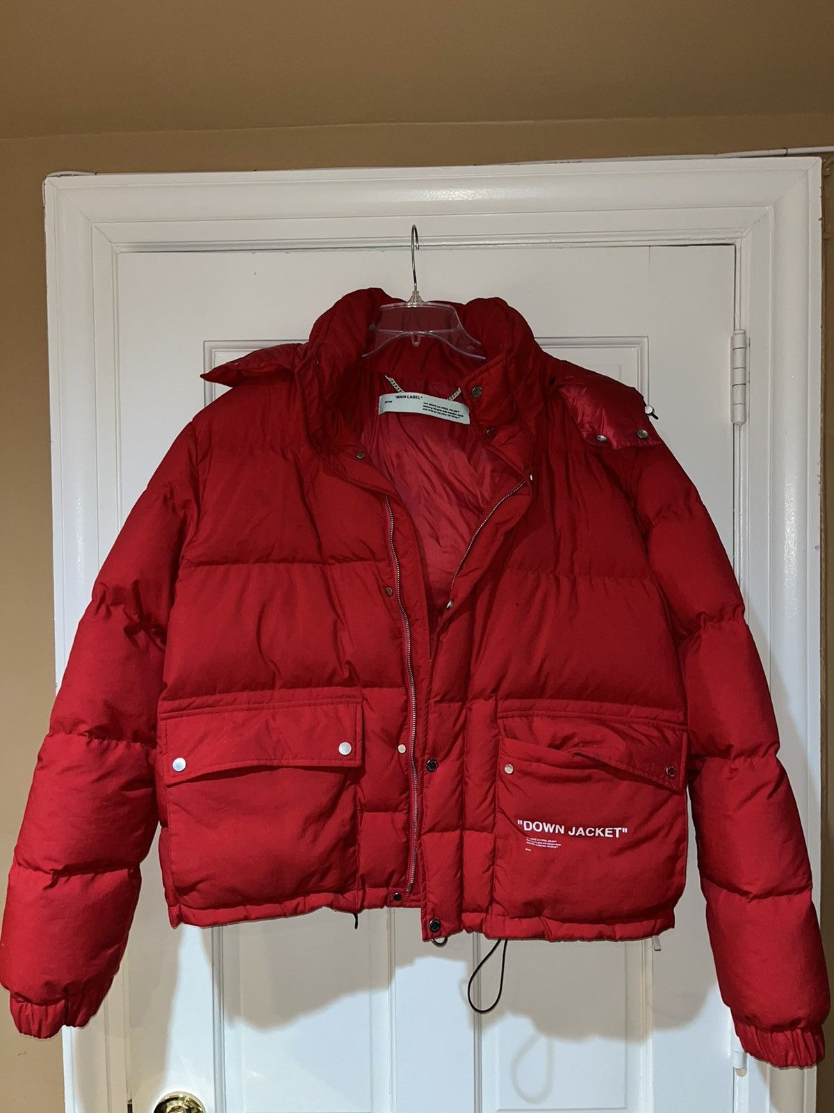 Off white red down jacket best sale