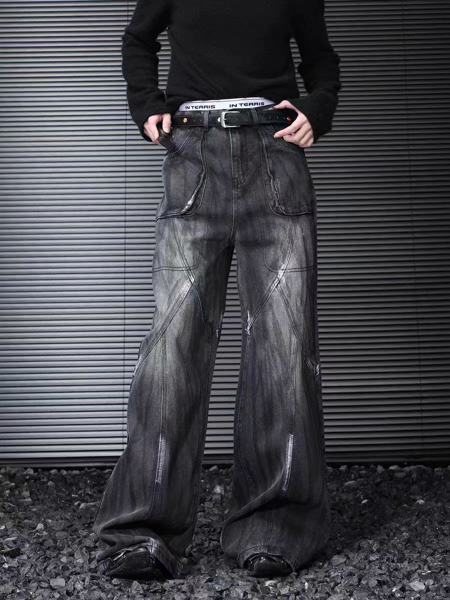 Vintage washed and painted straight baggy jeans