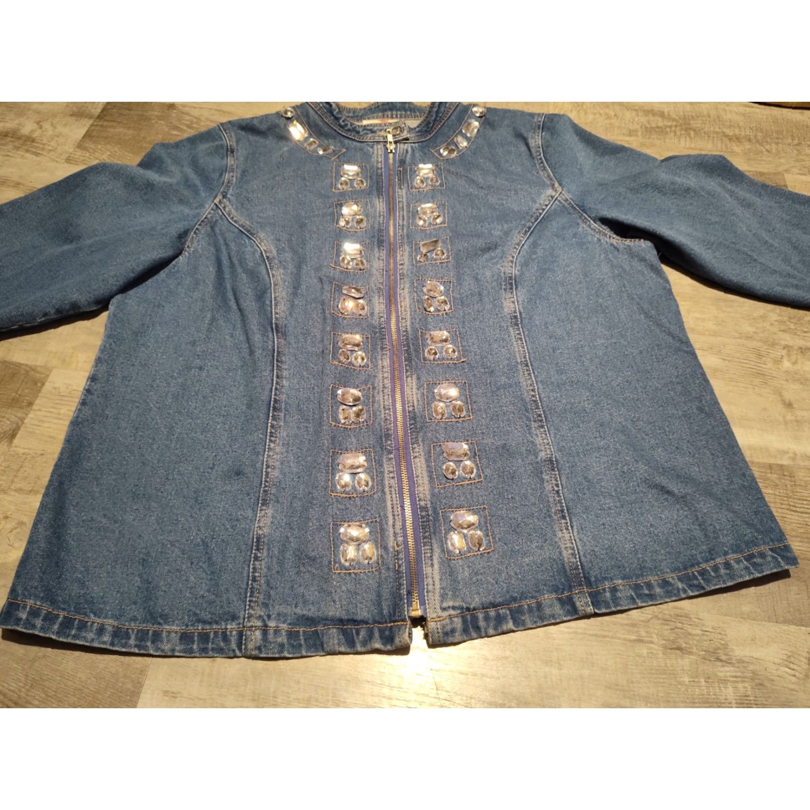 Quacker Factory VINTAGE Quacker Factory Denim Jacket Womens 1X Embellished Rhinestones Casual Bohemian Art Cotton Blue Size XL / US 12-14 / IT 48-50 - 4 Thumbnail