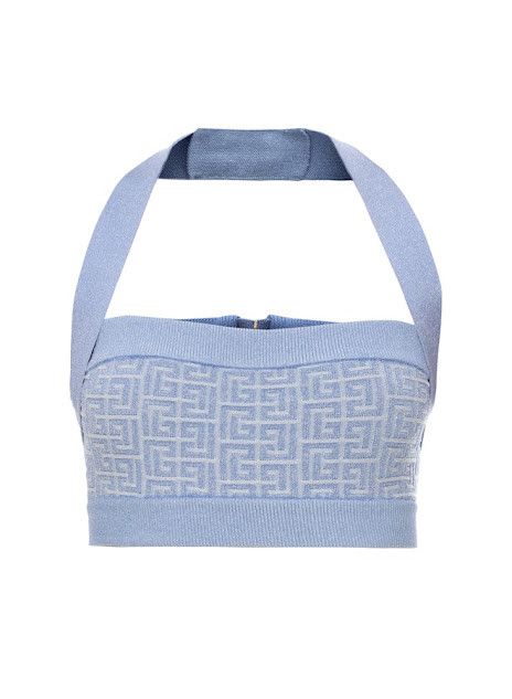 Balmain o1s1wg111225 Knit Halterneck Top With Monogram in Blue Size L / US 10 / IT 46 - 1 Thumbnail