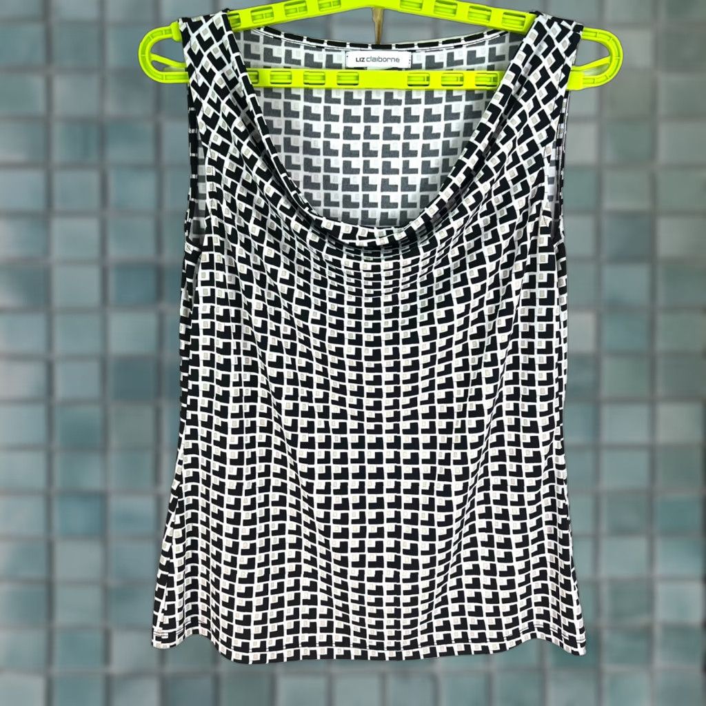 Liz Claiborne Liz Claiborne Checkered Sleeveless Tank Top Womens M Black Tan - Casual Stretch 95% Polyester Spandex Draped Collar Scoop Neck Shirt Tank Size M / US 6-8 / IT 42-44 - 1 Thumbnail