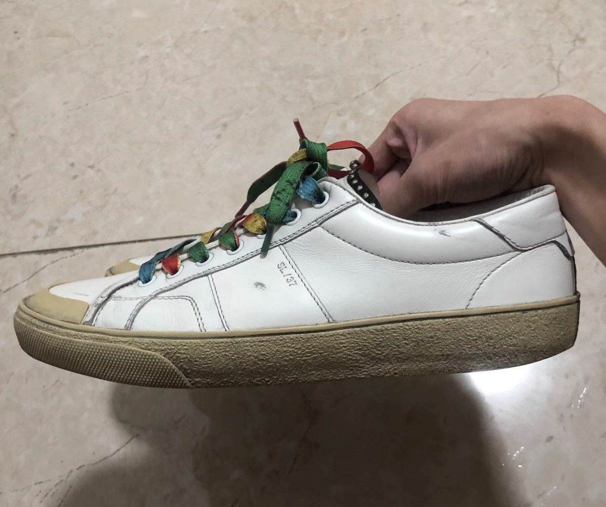 Saint Laurent Paris SLP 16SS Runway Distressed Studded Low-Top Leather Sneakers Size US 8.5 / EU 41-42 - 2 Thumbnail