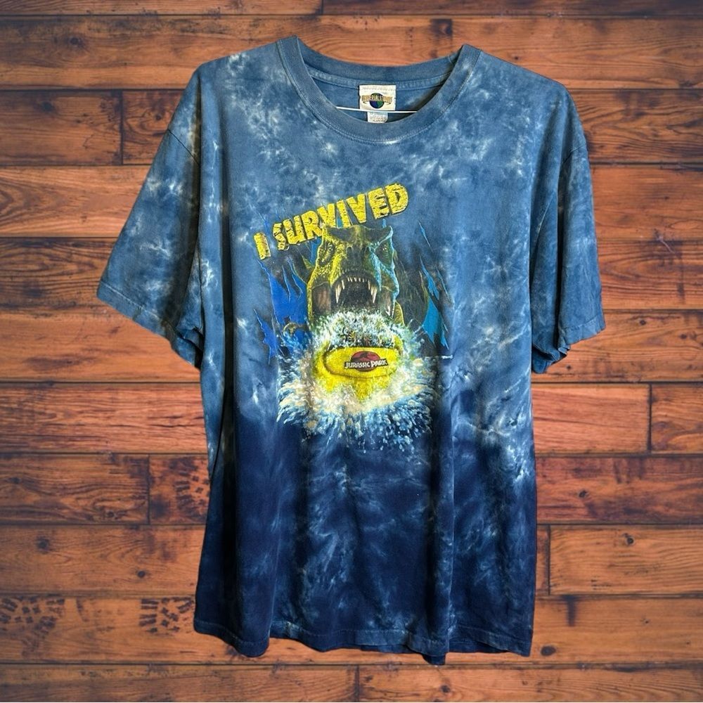 image of Vintage Universal Studios I Survived Jurassic Park Tie Dye T in Blue, Men's (Size XL)