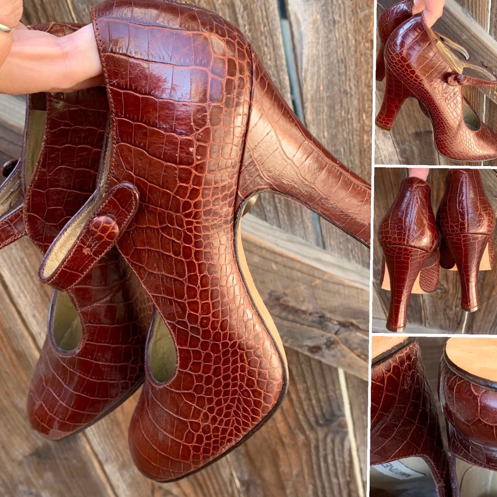 Crocs Martinez Valero Croc Embossed Mary Jane Heels Brown Leather Size 9B Women Pump Leather Upper Spool Heel Vintage N/A Size US 9 / IT 39 - 4 Thumbnail