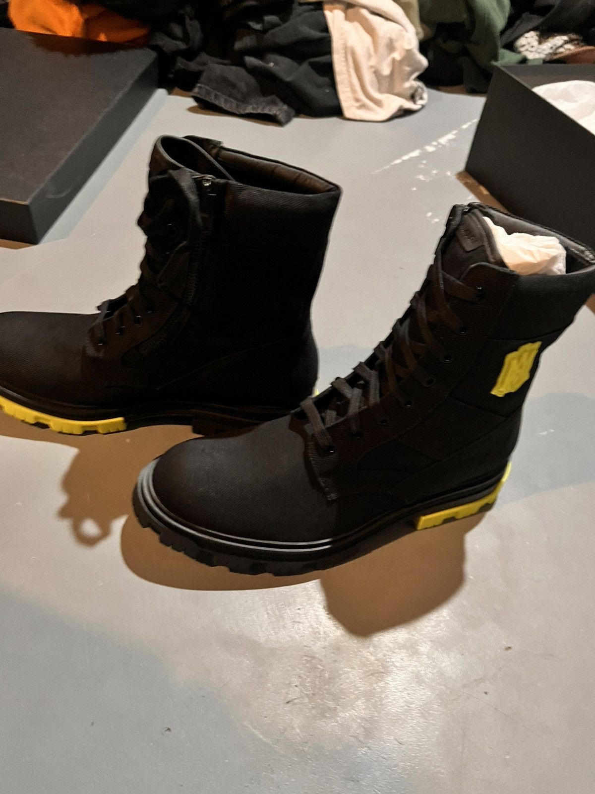 Amiri *Sample* AMIRI Black Canvas Combat Boots Neon Yellow Accents Size US 10.5 / EU 43-44 - 5 Thumbnail