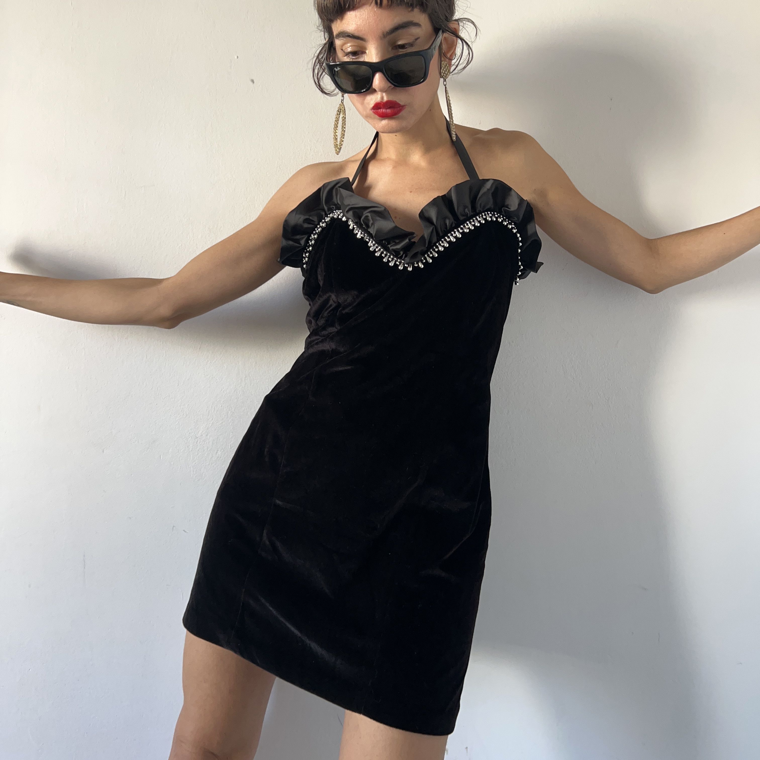 Vintage Vintage 80s halter sweetheart fringed black velvet dress Size XL / US 12-14 / IT 48-50 - 3 Thumbnail