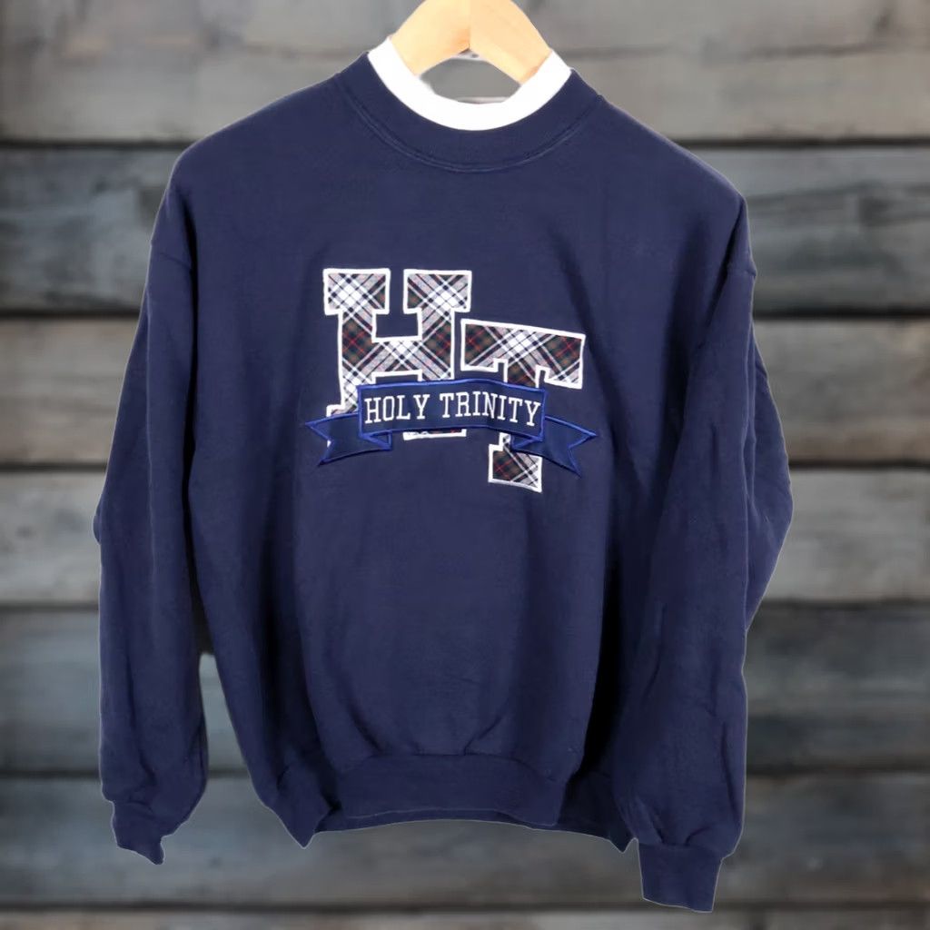 Lee VINTAGE Lee Sweatshirt 90s Holy Trinity Catholic School Embroidered Mock Neck Blue Womens Large Size L / US 10 / IT 46 - 1 Thumbnail