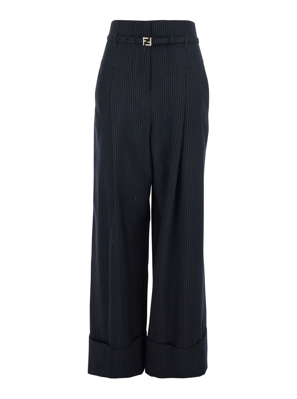 Blue Pants with FF Buckled Belt and Pinstripe Motif in Wool Blend Woman