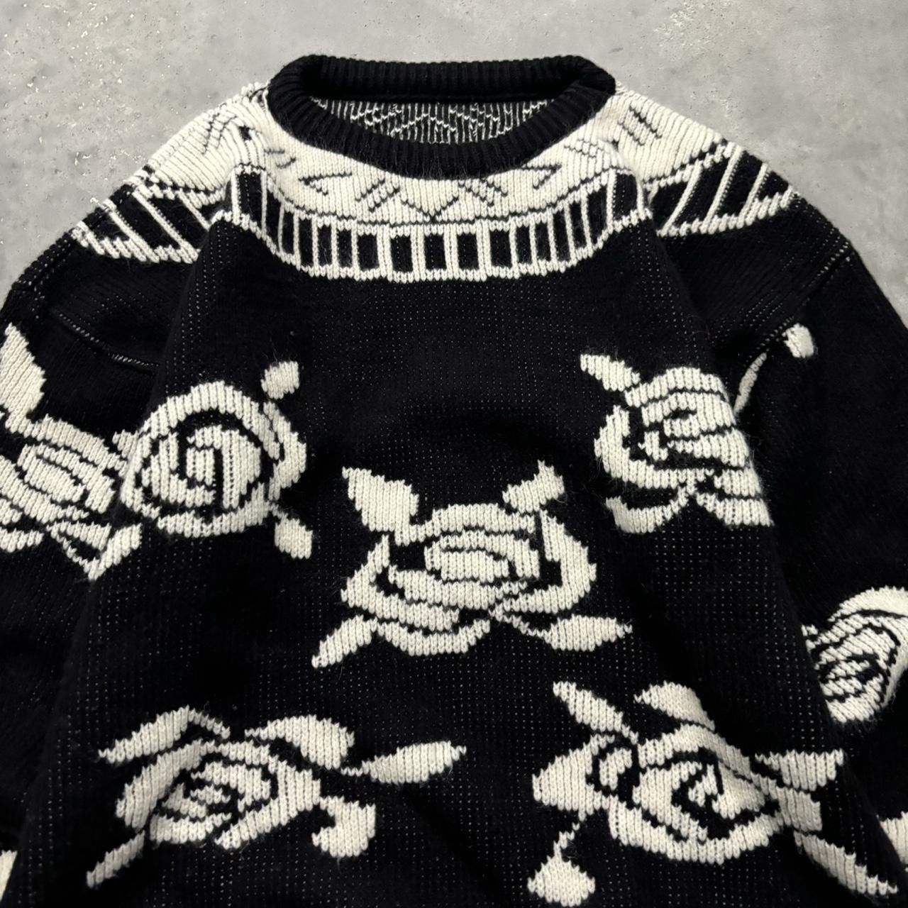 Japanese Brand × Vintage Crazy Vintage Y2K/2000s Black White Flower Pattern Knitted Sweater! Size M / US 6-8 / IT 42-44 - 2 Thumbnail
