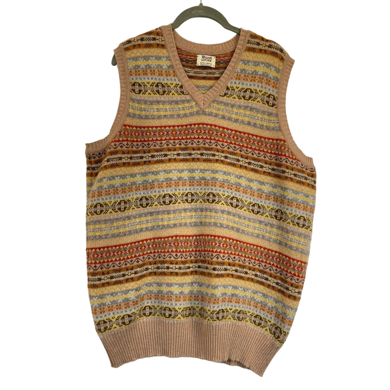 image of William Lockie | 100% Lambswool Fair Isle Sweater Vest XL in Tan, Men's