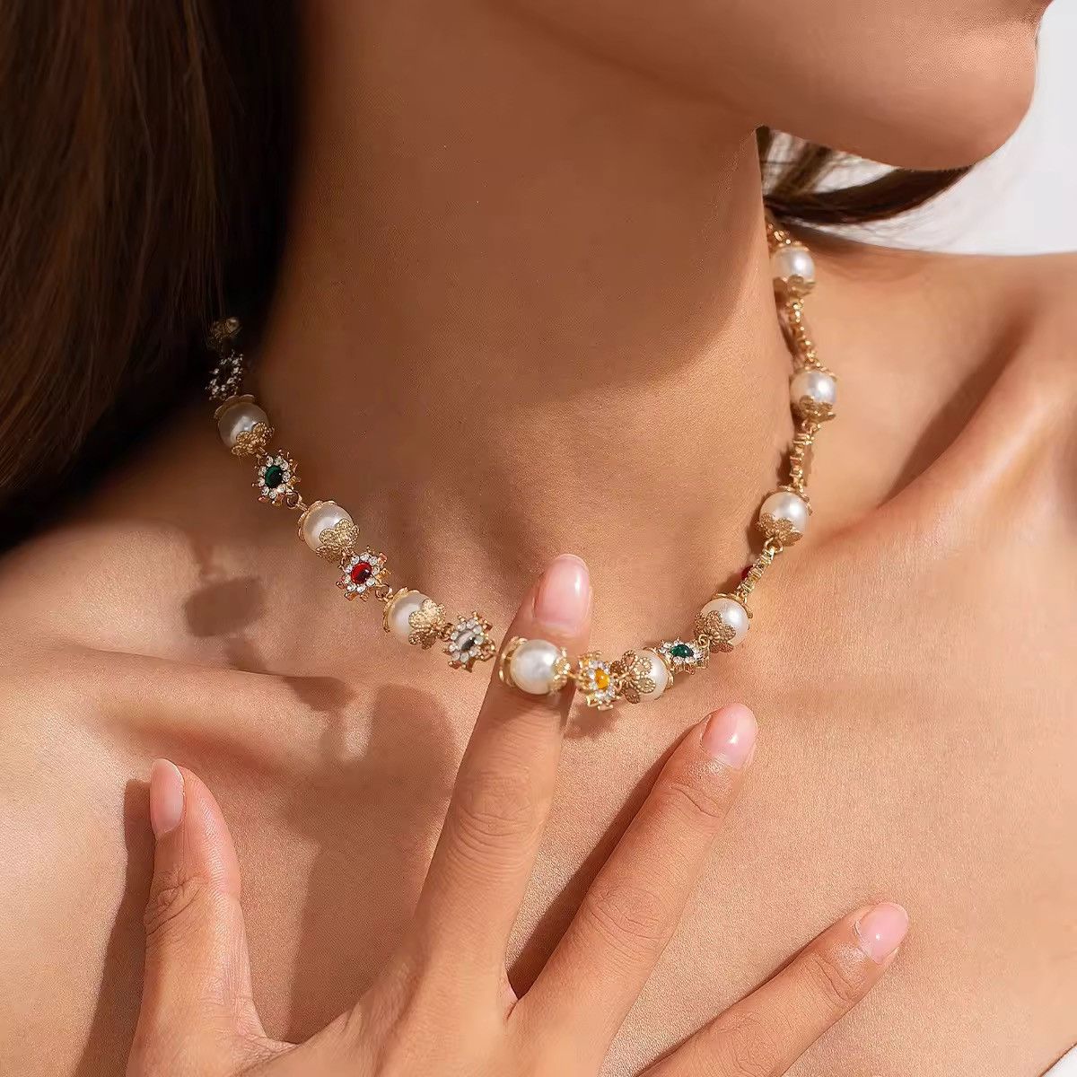 Jewelry Elegant Pearl and Gemstone Necklace – 42 + 7 cm Size ONE SIZE - 2 Thumbnail