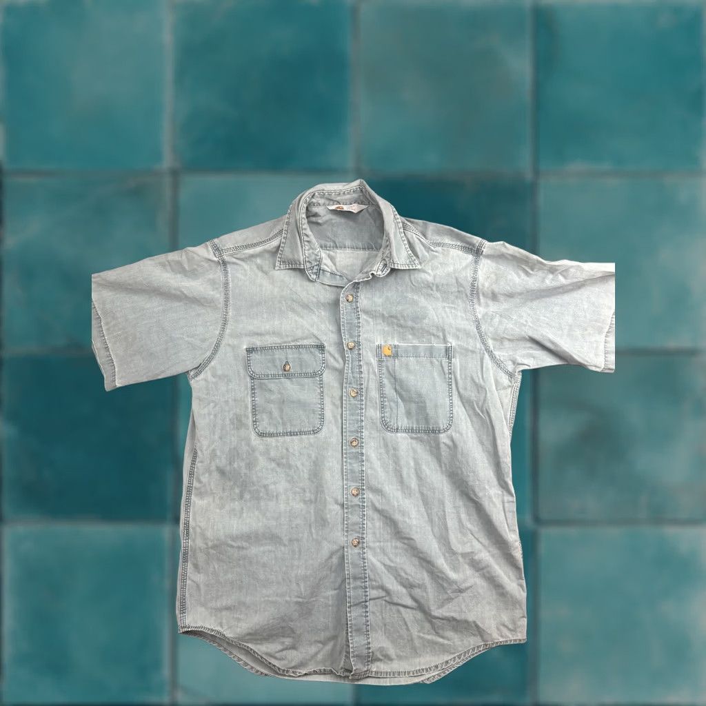 Carhartt VNTG Carhartt Shirt Mens L Blue Chambray Short Sleeve Button Front Workwear Size US L / EU 52-54 / 3 - 1 Thumbnail