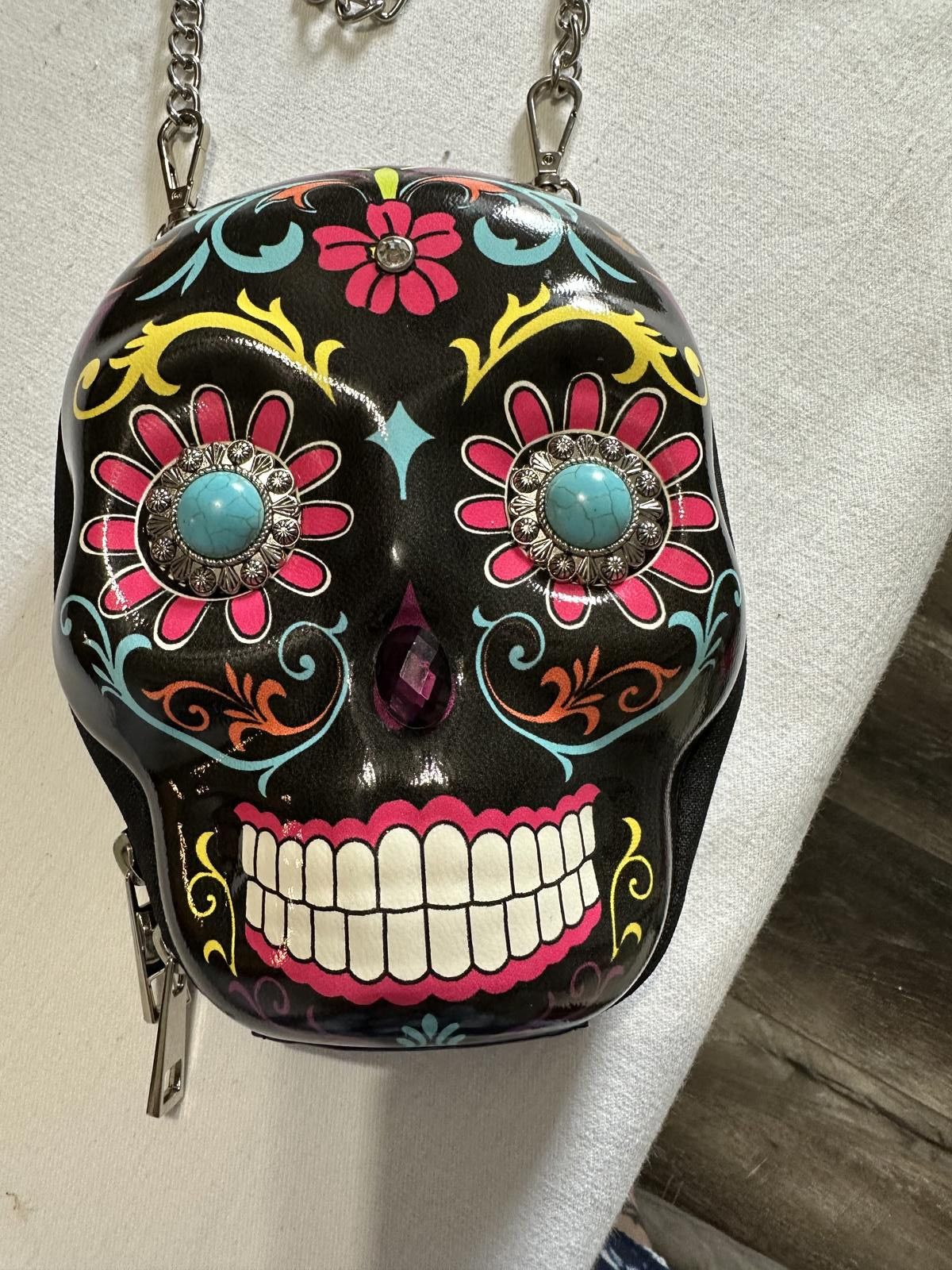 Designer Colorful Sugar Skull Crossbody Bag with Chain Strap Size ONE SIZE - 2 Thumbnail