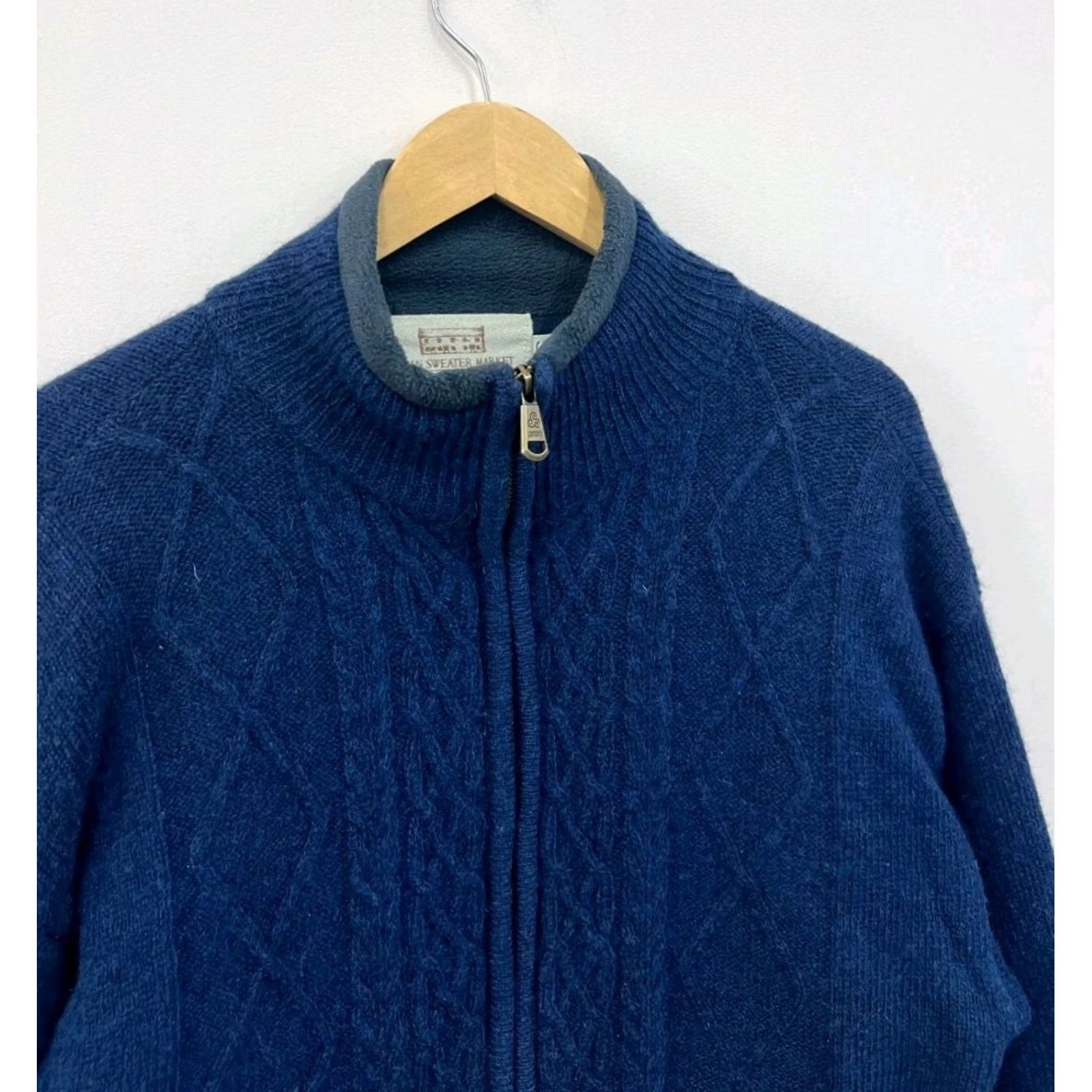 Market Aran Sweater Market 100% Pure Wool Zip Sweater Size S Men Wool Blue Pullover Knit Long Sleeve High Neck Vintage: No Size US S / EU 44-46 / 1 - 2 Thumbnail